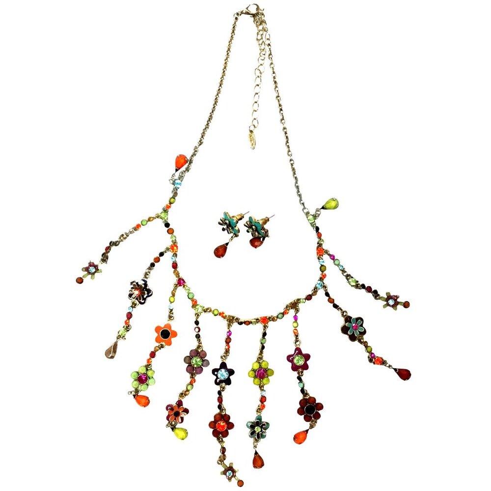 VCLM Women Vintage Enamel Floral Fringe Necklace Earrings Set Boho Festival Art - Picture 2 of 9